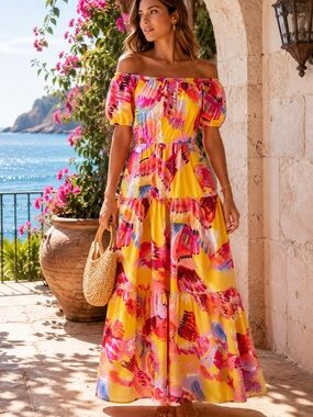 Farm Rio Yellow Tropical Bird Print Maxi Dress Puff Sleeve Tiered Boho S